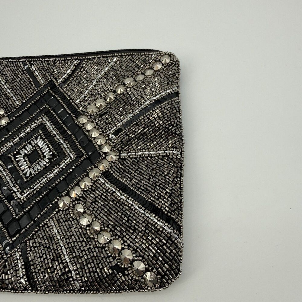 Unbranded Black Sequin Beaded Pouch Bag Travel India Silver Clutch - Picture 11 of 11